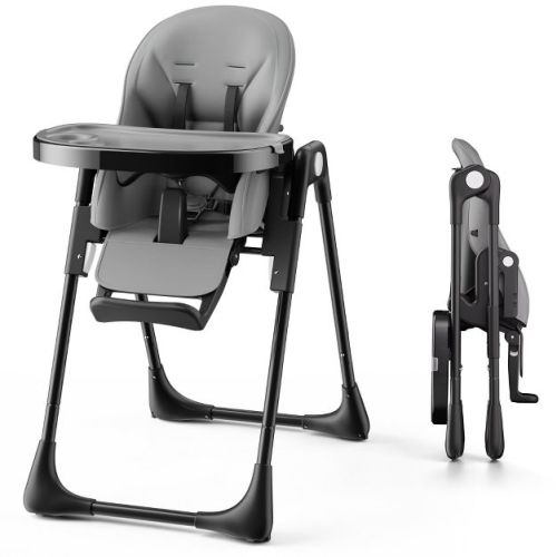 Kinder King Foldable High Chair for Baby, Toddler Feeding Chair with Detachable Double Trays, Gray