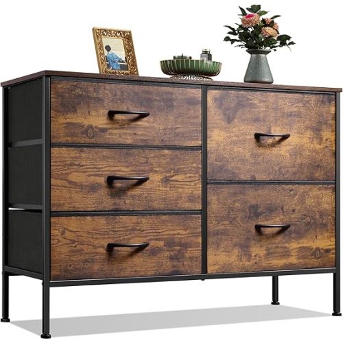 WLIVE Dresser for Bedroom with 5 Drawers, Wide Chest of Drawers for Bedroom, Fabric Dresser for Living Room, Closet, Hallway, Rustic Brown Wood Grain Print