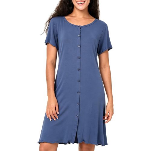BAMBOO COOL Nightgowns for Women Button Down Short Sleeve Sleep Shirt Crew Neck Nightshirt Soft Pajama Dress Casual Sleepwear