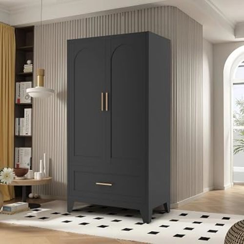 Anwick Metal Wardrobe Closet, 60" Tall Black Metal Wardrobe Cabinet