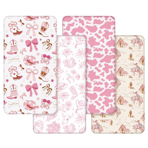 Vitalcozy 4 Pcs Pink Western Cowgirl Crib Sheet for Nursery Decor | Fits 52x28x8 Inch Mattresses, Nursery Bedding Newborns Toddlers, Elastic Corners, Perfect Baby Shower Gifts Girls Boys