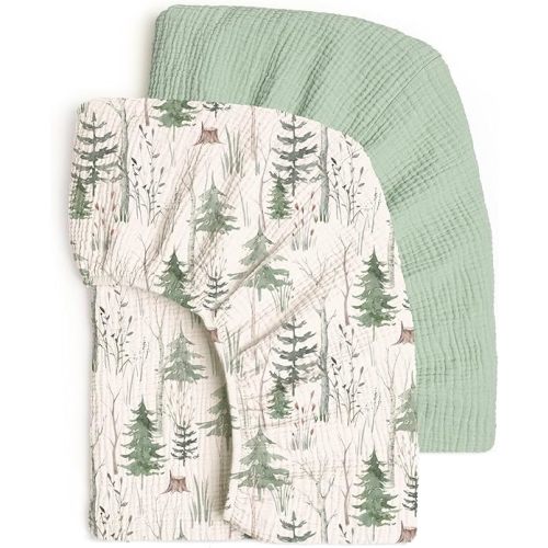 lulumoon Fitted Crib Sheets 2-Pack: Soft Muslin Cotton for Standard Crib - Boho Forest Print for Baby Boys Girls Nursery Bedding & Gift