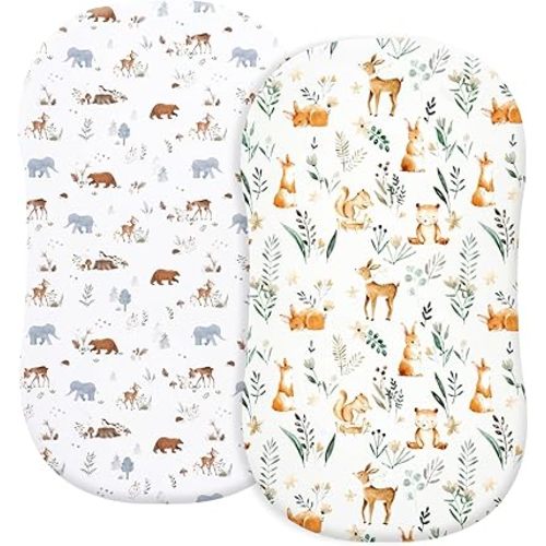 PHF Soft Bassinet Sheet Set, 2 Pack Silky Comfy Breathable Cradle Sheets for Baby Boys Girls, Univeral Fit for Most Oval Rectangle Cradle and Bassinet Mattress/Pad, Woodland