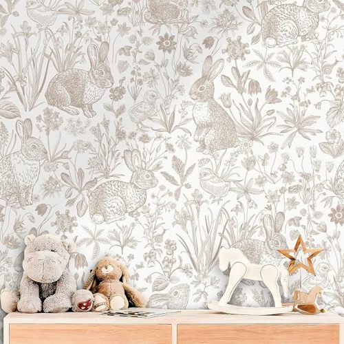 ReWallpaper Papel tapiz de conejito beige de 17.5 pulgadas x 23 pies, para despegar y pegar, neutro, campo, cabaña, baño, impermeable, caprichoso, bosque, conejo, decoración de pared para guardería