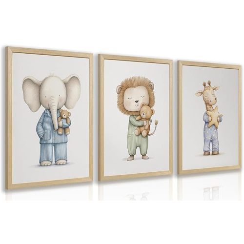 PORENY Safari Animal Nursery Wall Art Set of 3, Elephant Lion Giraffe Canvas Prints, Cute Cartoon Baby Animal Decor, Neutral Nursery Artwork for Boys Girls Kids Room Playroom Wood Framed 12x16 Inch