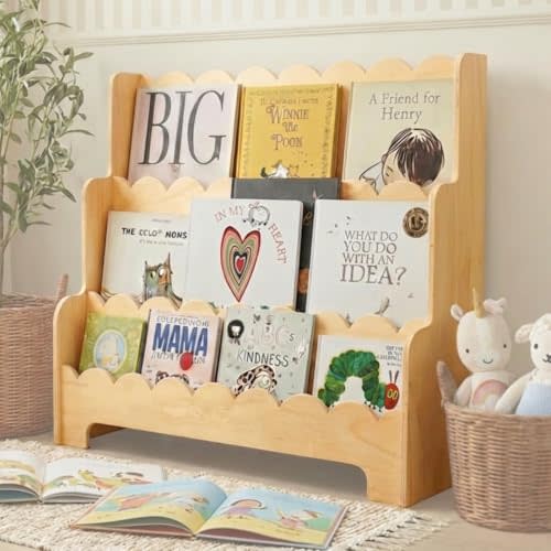 CAALMA Premium Scalloped Bookshelf for Nursery & Kids Bedroom - 29.5x27.5 in - 3-Tier Wooden Montessori Bookshelf - Kids Bookcase for Nursery, Playroom or Classroom, Minimalist Toddler Book Shelf