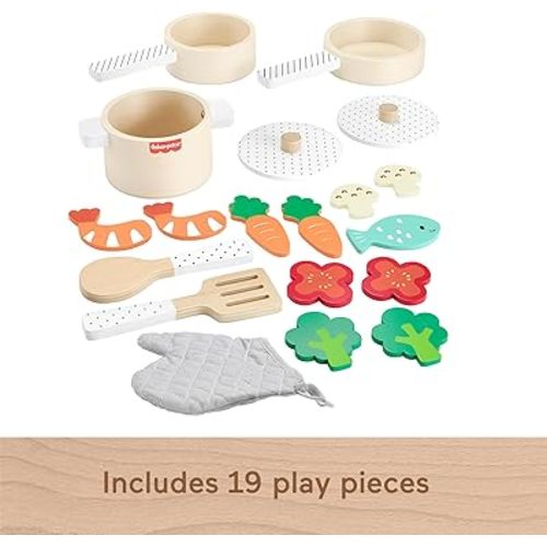 Fisher-Price Wood Kitchen Pretend Play Toy Pots & Pans Set, 19-Piece Playset Wooden, Metal & Fabric for Preschool Kids Ages 3+ Years