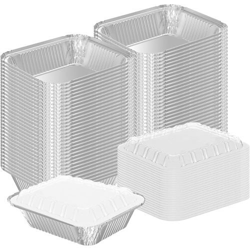 WANBAO 50 PACK 8.3"x6.2" Disposable Tin Foil Pans with Lids 2.25LB Aluminum Pans To Go Containers for Cooking, Baking, Catering Party Meal Prep, Take Out, Freeze
