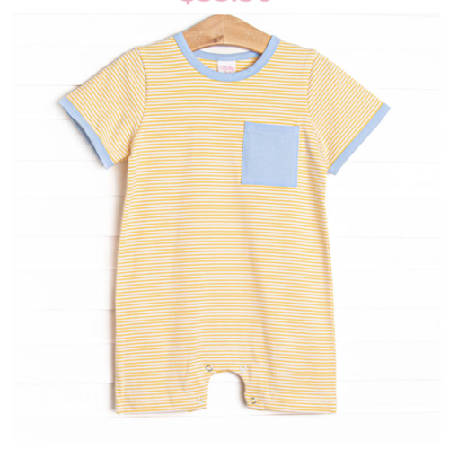 Evan Short Romper, Light Blue and Yellow Stripe – Stitchy Fish