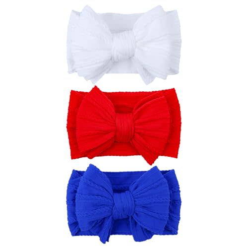 LemonSpace Handmade Headband for 4th of July Blue Baby Bow Newborn Accessories Infant Girls Hair Bows Red White and Blue Stretchy Soft Nylon Baby girl Bows Newborn Toddlers Headwrap