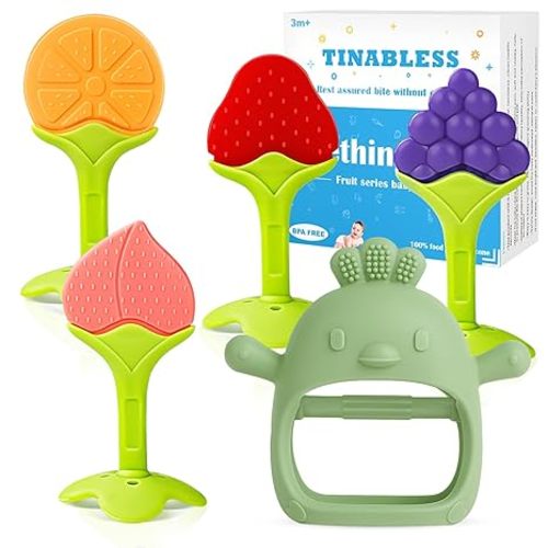 Tinabless Baby Teething Toys 5 Pack, Silicone Teething Mitten & Hand Teethers for Babies 3+ Months, BPA-Free Food Grade Silicone Chew Toys, Anti-Drop, Freezer Safe, Caramel