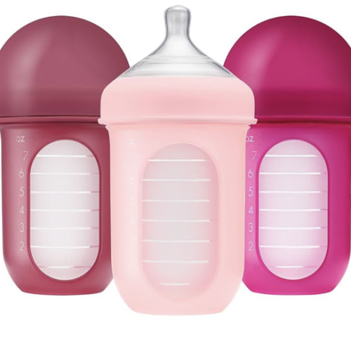 Boon Nursh Reusable Silicone Pouch Baby Bottles - Medium Flow Nipple - Silicone Baby Bottle Pouch and Nipple - Baby Feeding Essentials - Pink - 3-6 Months - 3 Count - 8 Ounce