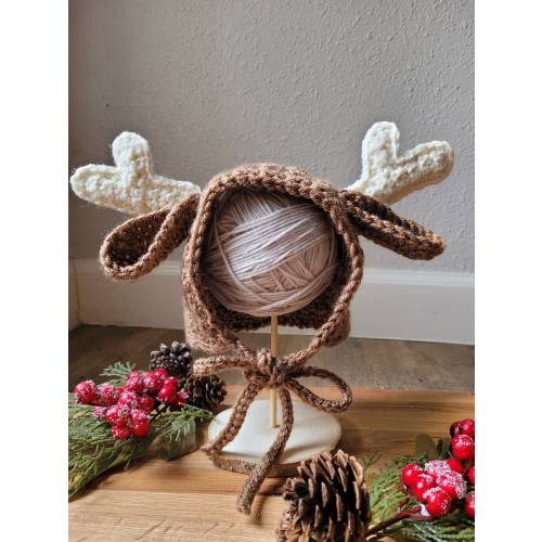 Deer Bonnet for Baby Deer Bonnet Unisex Bonnet for Holiday Photos Newborn Bonnet Handmade Bonnet for Family Photo Props for Holidays
