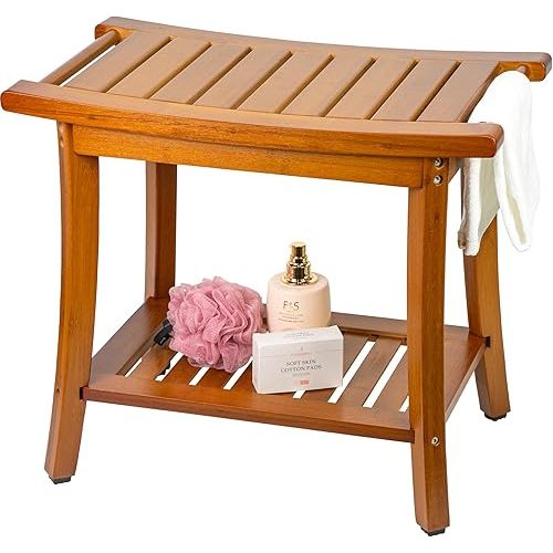 Utoplike Bamboo Shower Bench with Storage, Wood Shower Stool with Handles, Bathroom Seat for Towels, Spa, Inside Shower, Brown Finish