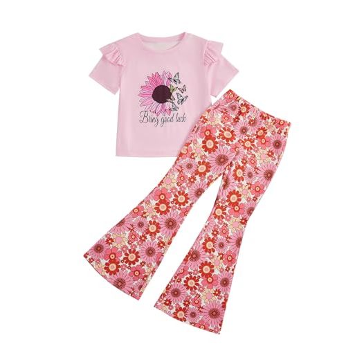 OYOANGLE Girl's 2 Piece Outfits Clothes Set Graphic Print Short Sleeve T-Shirt and Flare Leg Pants Set Pink Multi 9Y