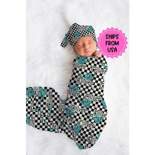 Personalized Baby Boy Swaddle Blanket Hat Set, checkered swaddle, blue hospital reveal outfit baby boy baby shower gift, receiving blanket