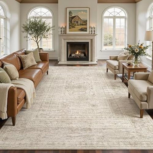 Nakagishi 9x12 Area Rugs Living Room: Washable Large Vintage Rug Neutral Non-Slip Soft Stain Resistant Indoor Carpet for Bedroom Nursery Dining Room Office Playroom - Beige Gray