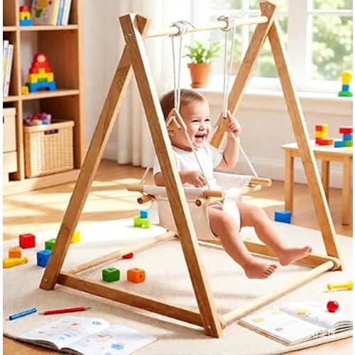 Baby and Toddler Foldable Wooden Swing Set with Stand, Indoor Baby Swing for Infants to Toddler 6-36 Months, Standing Indoor Swingset with Extension Straps for Indoor/Outdoor
