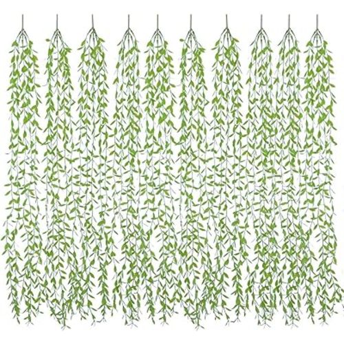 Artificial Hanging Vine, 10 Pcs Weeping Willow Plastic Plants Greenery Leaves Faux Ivy Garland Fake Plant UV Resistant for Indoor Outdoor Garden Door Wall Baskets Wedding Party Table Decoration Green