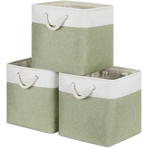 Cubby Storage Bins Set of 3 Fabric Baskets for Shelves Closet Drawer Organizer Storage Cubes 13x13 Collapsible Organization Baskets for Nursery Toy Shelf (White&green)