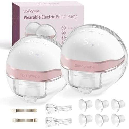 Springhope No.586 Hands Free Breast Pump Electric, Wearable Breastfeeding Pump Portable with 4 Modes & 9 Levels Strong Suction, Wireless Breast Pump 19/21/24/28 mm Flange Insert BPA Free, 2 Pack
