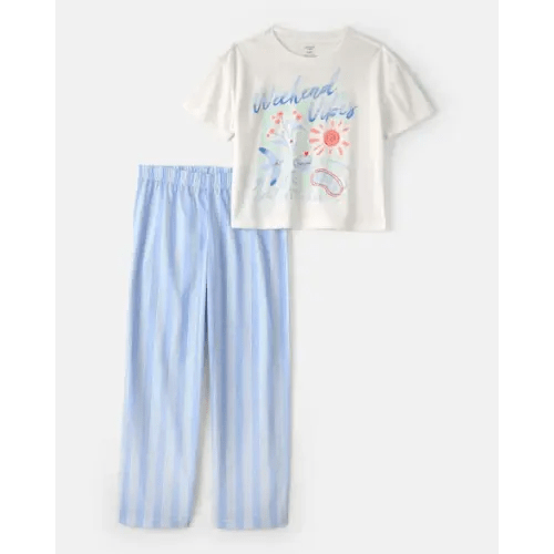 Girls 'Weekend Vibes' Striped Loose Fit 2-Piece Pajama Set - Blue/Ivory | Carter's