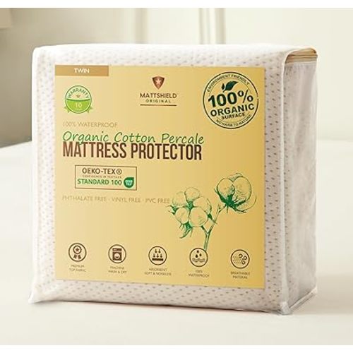 Deluxe Cooling Organic Percale Mattress Protector Twin Size - 100% Waterproof - Crisp, Breathable Percale Feel - OCS Certified 280GSM 3D Air-Knit Breathable Mattress Pad - Noiseless Deep Pocket