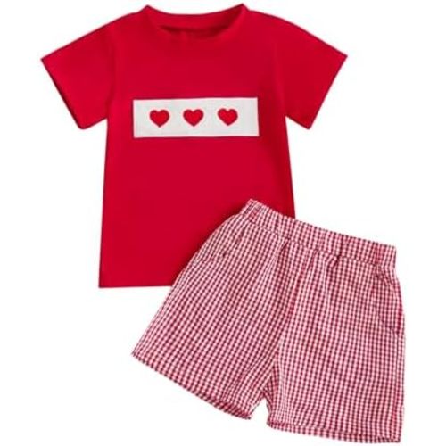 Karuedoo Toddler Baby Boy Valentine's Day Outfit Heart Embroidery Smocked Short Sleeve T-Shirt Top Plaid Shorts Set