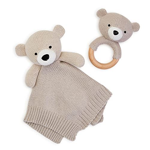Two's Company Knitted Baby Bear Snuggle and Rattle Set