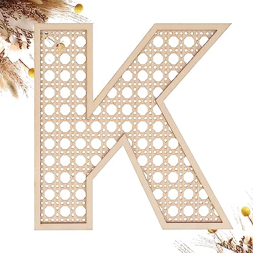 Wooden Rattan Letter K, 8 Inch Wood Letters for Nursery Wall Decor Crafts | Unfinished 5mm plywood, paintable smooth surface, boho baby shower wedding bedroom party DIY name signs, home ornaments