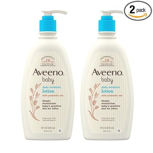 Aveeno Baby Daily Moisture Body Lotion for Sensitive Skin, Hypoallergenic Moisturizing Baby Lotion with Nourishing Oat to Deeply Moisturize Baby's Skin, Fragrance-Free, 18 fl. oz, 2 Pack