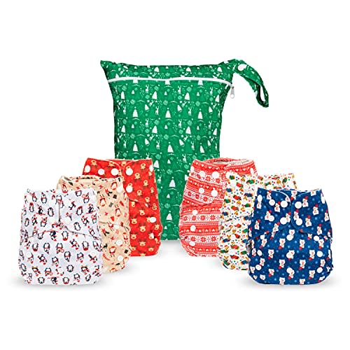 Simple Being Reusable Cloth Diapers, Double Gusset, One Size Adjustable, Washable Soft Absorbent, Waterproof Cover, Eco-Friendly Unisex Baby Girl Boy, six 4-Layers Microfiber Inserts (Christmas)