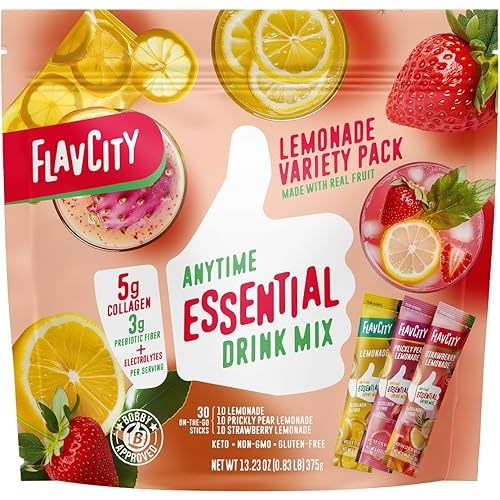 FlavCity Anytime Essential Lemonade Variety Pack - Powder Drink Mix Packets with Collagen - Lemonade Packets in 3 Flavors - Water Flavoring with Collagen, Fiber & Electrolytes (30 Stick Packs)