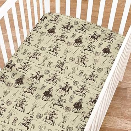 Vintage Western Cowboy Fitted Baby Crib Sheets for Girl Boy 52"x28" Country Cowboy Hat Boots Guitar Soft Breathable Crib Mattress Cover Wild West Baby Sheet for Standard Crib and Toddler Bed Mattress