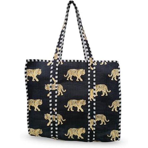 LKGSM RUGS Cotton Tiger Block Print Tote Bag, Indian Handmade Shopping Shoulder Bag, Unisex Market Daily Use