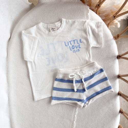 'Little Love Club' Tee & Short Bundle - White & Blue - Dual Logo Design