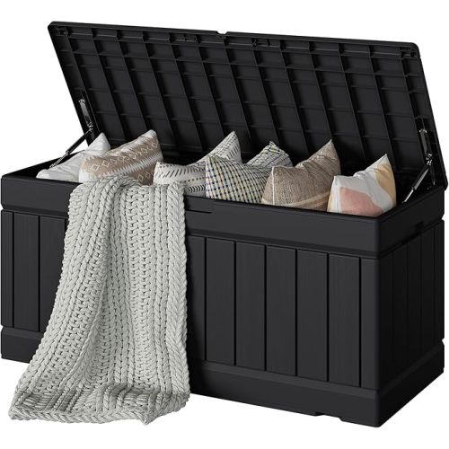 Devoko 78 Gallon Deck Box, Waterproof Resin Outdoor Storage Box for Outside and Patio, Outdoor Storage Bench Lockable for Patio Furniture, Garden Tools and Pool Supplies (Black, 78 Gallon)