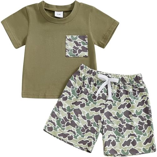 PUHHAPIEY Toddler Baby Boy Summer Clothes Retro Camo Hunting Shirts T-Shirt Camouflage Shorts Set 6 12 18 24 Months 2T 3T 4T