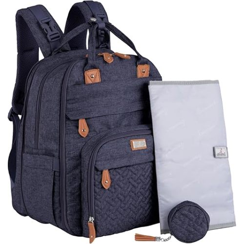 BabbleRoo Extra Large Diaper Bag Backpack, Expandable Baby Bag with Up to 50% More Capacity - Travel Essentials Baby Bag Tote with Changing Pad, Stroller Straps & Pacifier Case - Unisex, Denim Blue