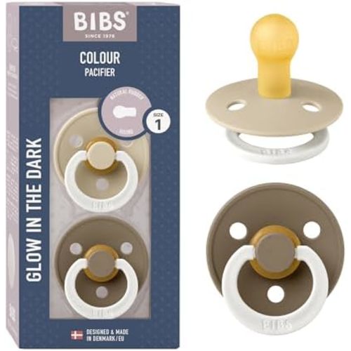 BIBS Pacifiers Colour Collection | Natural Rubber Baby Pacifier | Set of 2 BPA-Free Soothers | Made in Denmark | 0+ Months (Pack of 2) | Vanilla Night/Dark Oak Night