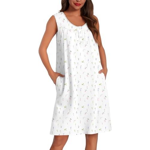 Ekouaer Cotton Nightgowns for Women Tank Sleeveless Night Gowns Lace Button Sleep Dress House Dress with Pockets S-3XL