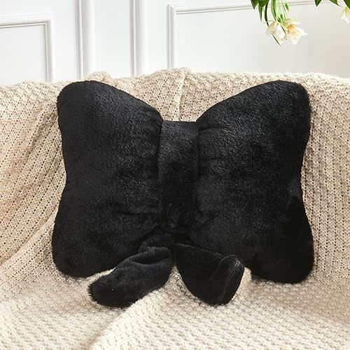 Black Bow Pillow, Soft Bow Decorative Pillows with Faux Rabbit Fur, Cute 12" Bow Throw Pillows, Aesthetic Home Decor Bow Shaped Plush Pillow for Bedroom Sofa Couch