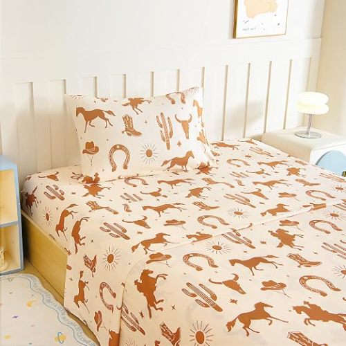 Twin Sheet Set Kids - West Cowboy 3 Pieces Soft Microfiber Cartoon Style Bedsheets for Boys Girls Teens, Oeko TEX Breathable 15 Inch Deep Pocket Sheets(Yellowstone)