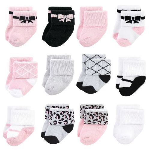 Hudson Baby Basics Infant Baby Cozy Terry Baby Sock 12-Pack, Sweet Bows, 0-6 Months