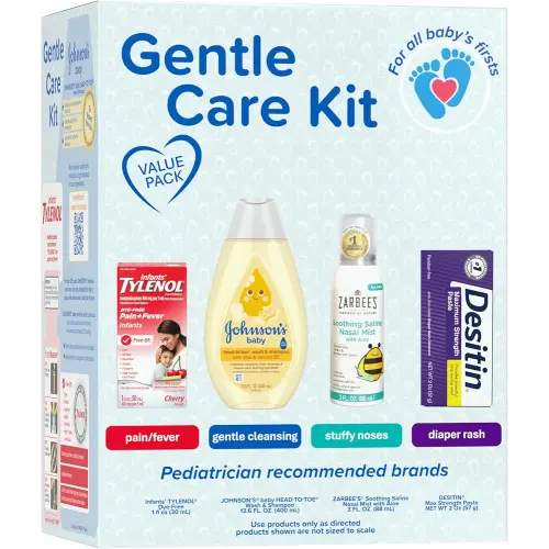 Johnson's Baby Gentle Care Kit with Infants' Tylenol Pain Reliever, Zarbee's Soothing Saline Mist, Desitin Maximum Strength Diaper Rash Ointment & Johnson's Baby Head-To-Toe Wash, 4 Items