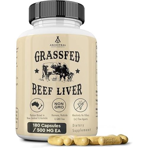 Ancestral Supplements Grass Fed Beef Liver 180 Capsules, Supports Energy Production, Detoxification, Digestion, Immunity and Full Body Wellness, Non-GMO, Freeze Dried Liver Health Supplement