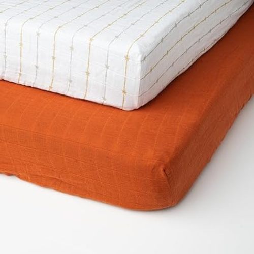 Salt Earth 100% Organic Cotton Muslin Standard Fitted Crib Sheet for Boys, Girls & Toddlers – 52"x28", 2 Pack Soft Breathable Natural Cotton Mattress Bed Sheets, Neutral Crib Sheet (Rust & Gold Star)