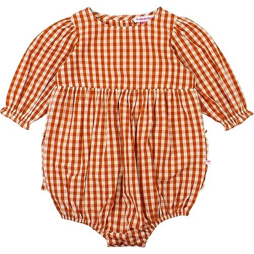 RuffleButts Baby Girls Woven Long Sleeve Bubble Romper with Snaps
