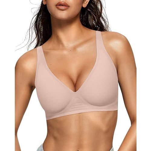 OEAK Womens Deep V Bras Wireless Comfortable Bra Supportive No Underwire Bras Tshirt Push Up Bralettes Plunge Seamless Bra