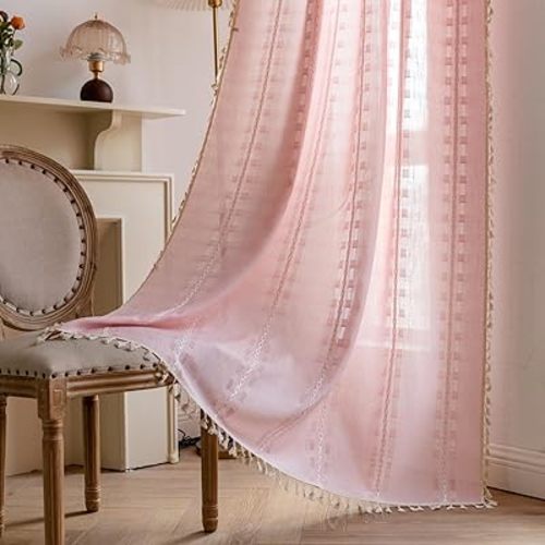 Pink Boho Curtains 84 inch Long 2 Panels for Girls Bedroom Living Room Nursery, Cute Embroidered Semi Sheer Linen Farmhouse Light Filtering Drapes Rod Pocket Privacy Neutral Bohemian Decor,W52xL84